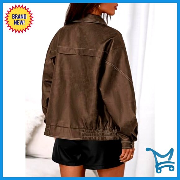 Faux Leather Jacket Oversized Moto Biker Retro Chic Winter Coat Women - Picture 4 of 7